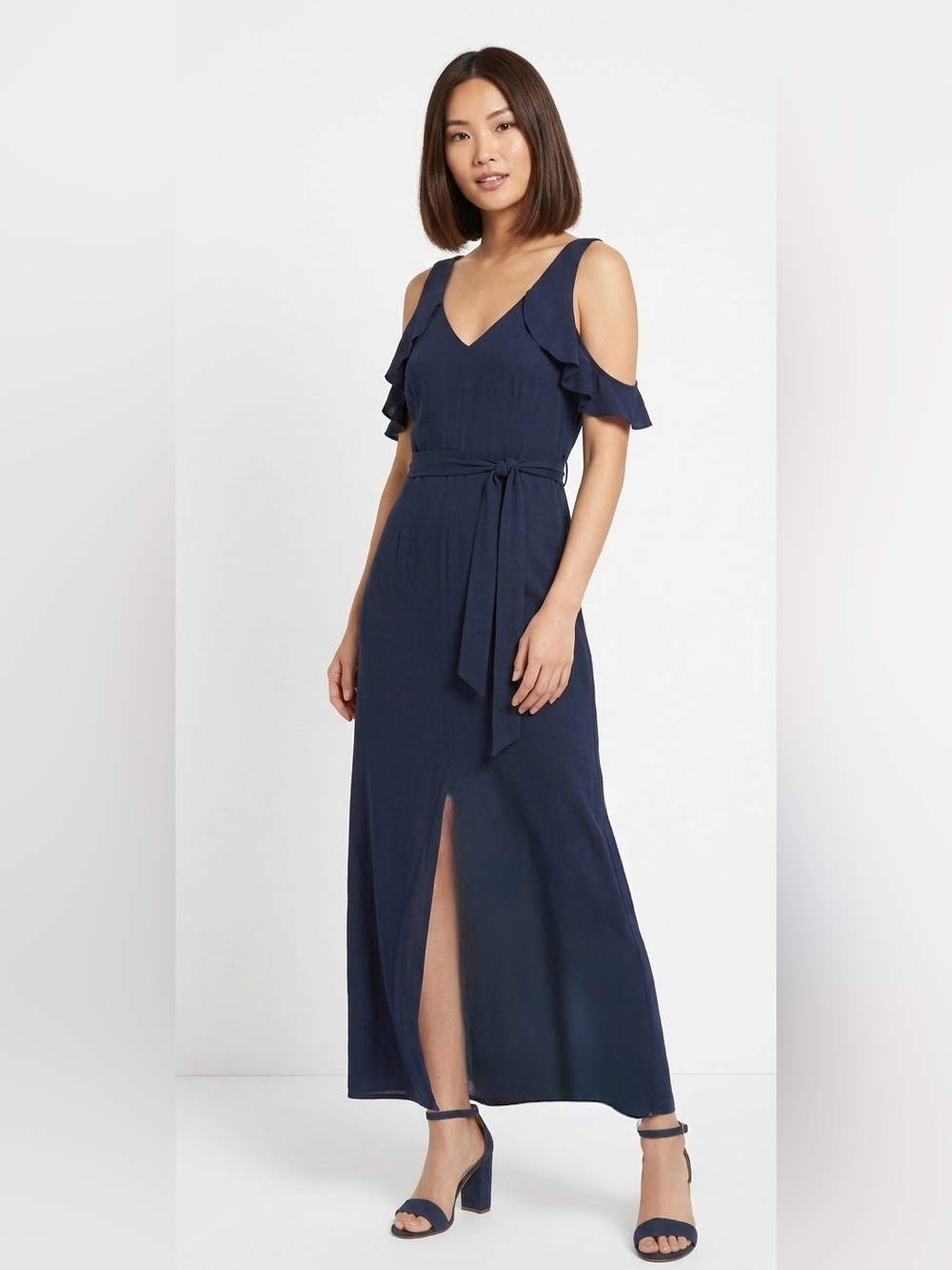 PAIGE Navy Cold-Shoulder V-Neck Maxi Dress